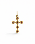 Colgante cruz Sophia Schneider Joyas de oro 18K con seis rubíes engastados en bisel, diseño artesanal chileno.