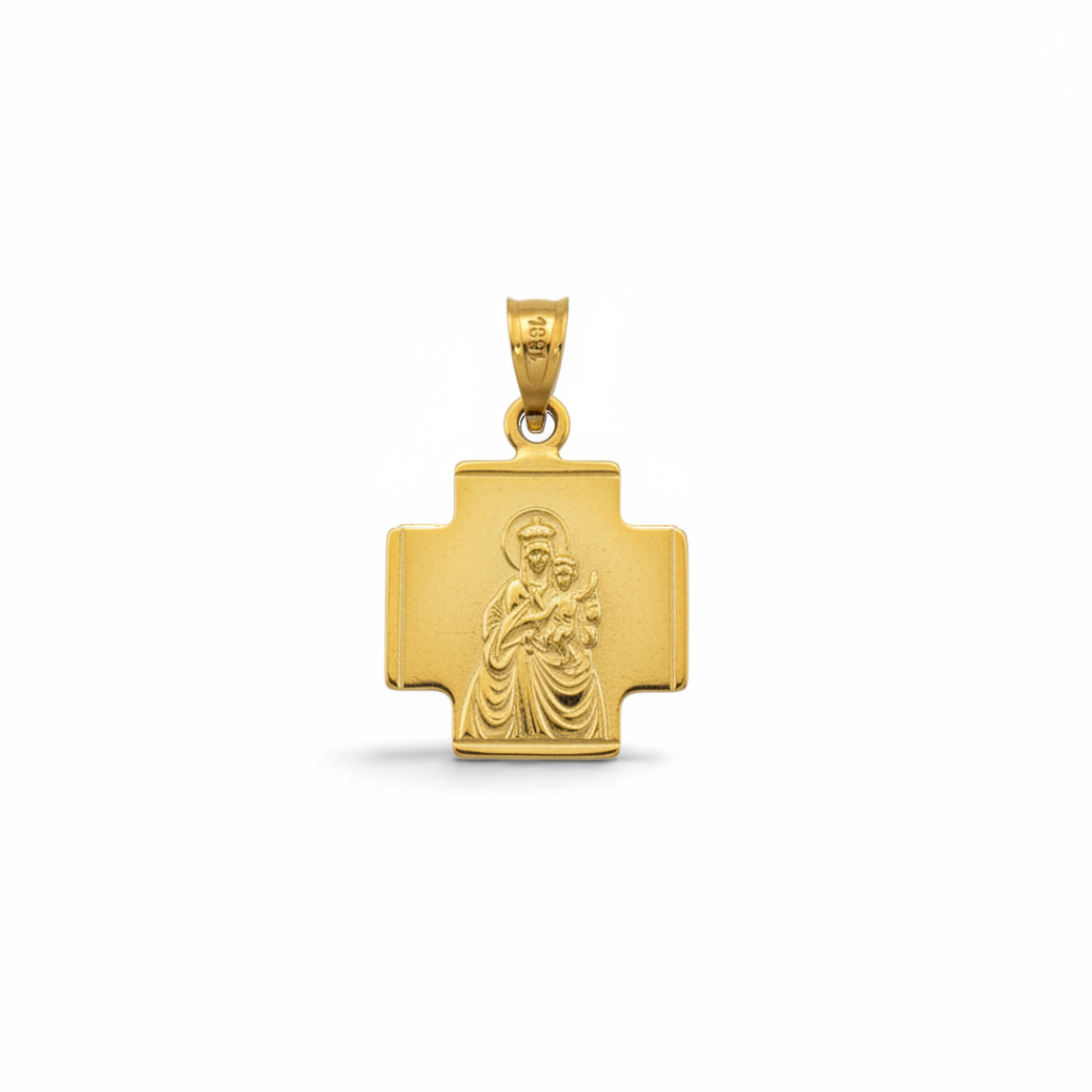 Cruz escapulario de la Sagrada Familia en oro 18K de 16 mm de Sophia Schneider Joyas con relieve detallado