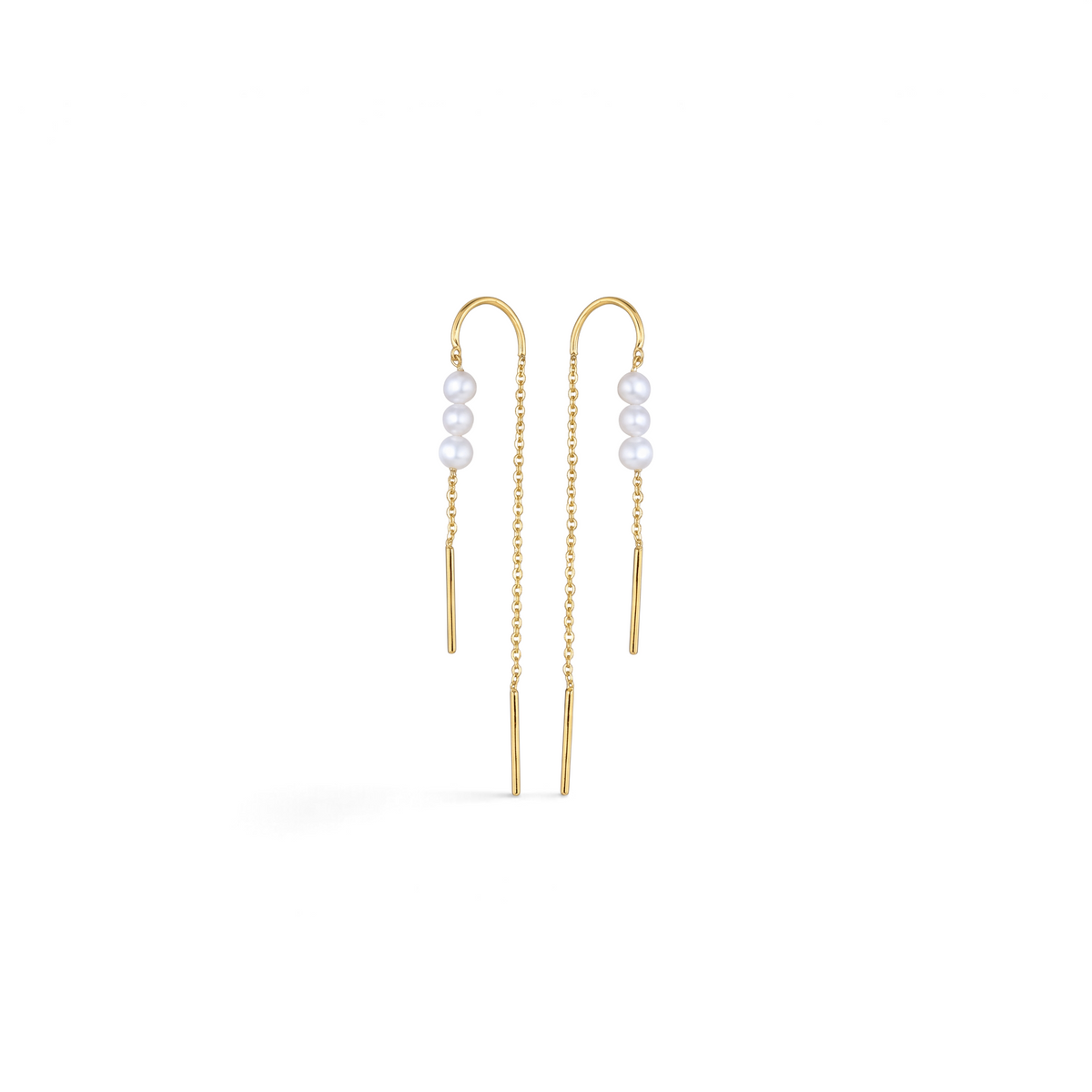 Aros colgantes Sophia Schneider Joyas de oro 18K con tres perlas naturales redondas en diseño de cadena fina