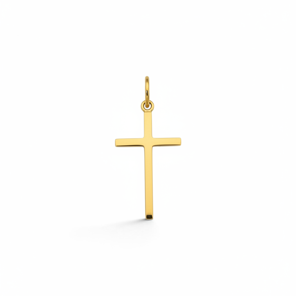 Colgante de cruz clásica en oro de 18K de Sophia Schneider Joyas, diseño minimalista de 15x28 mm