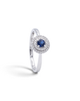 Anillo solitario Sophia Schneider Joyas de plata 925 con zafiro central y halo de diamantes corte brillante