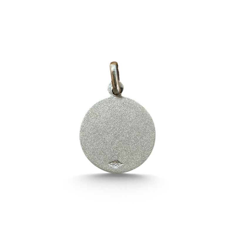 Medalla redonda de plata 925 personalizable de Sophia Schneider Joyas, vista trasera con sello de autenticidad.
