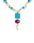 Collar de Perlas barrocas, turquesas, cuarzo blanco y rubí