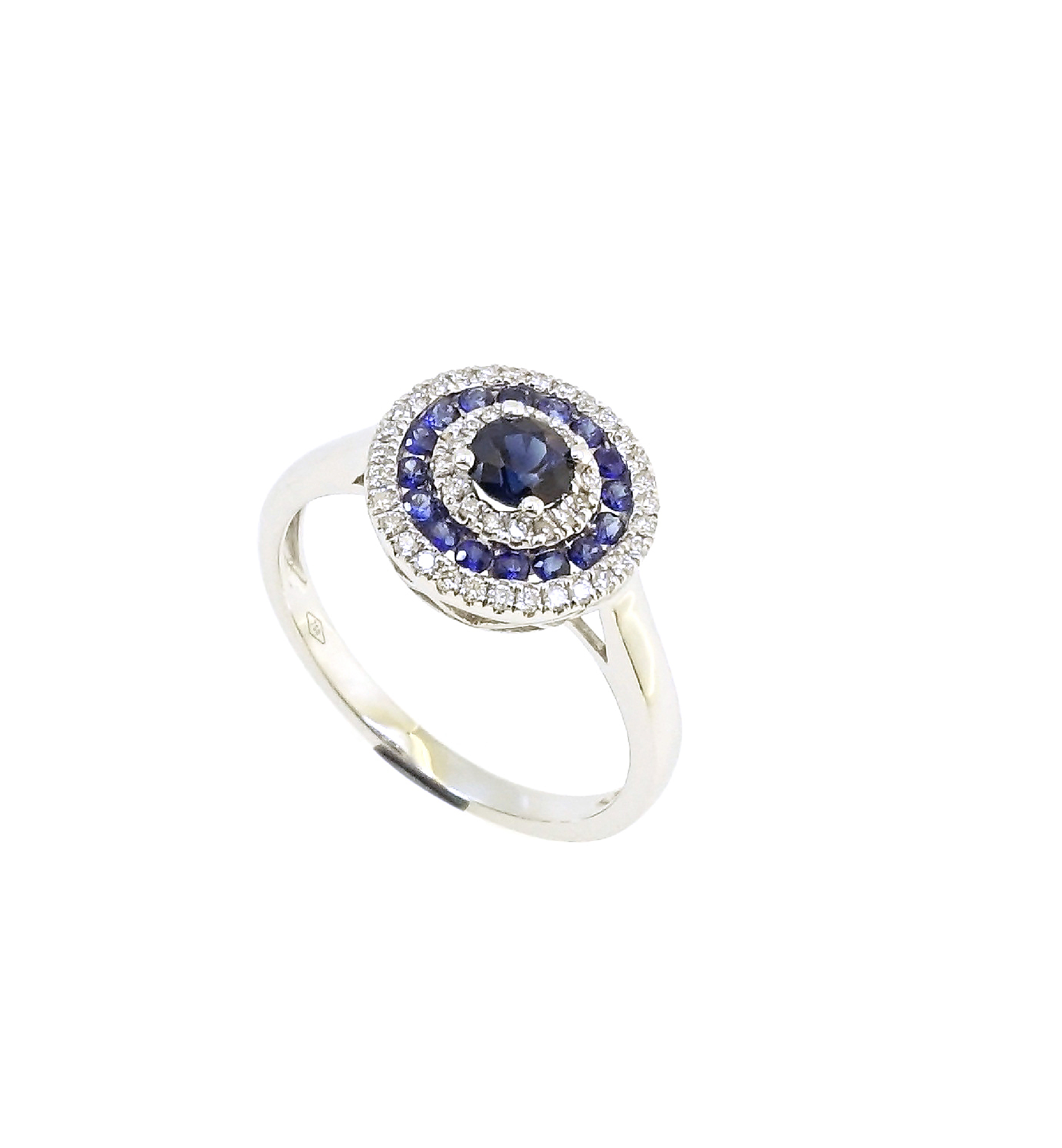 Anillo solitario halo en oro blanco 18k con piedra central zafiro