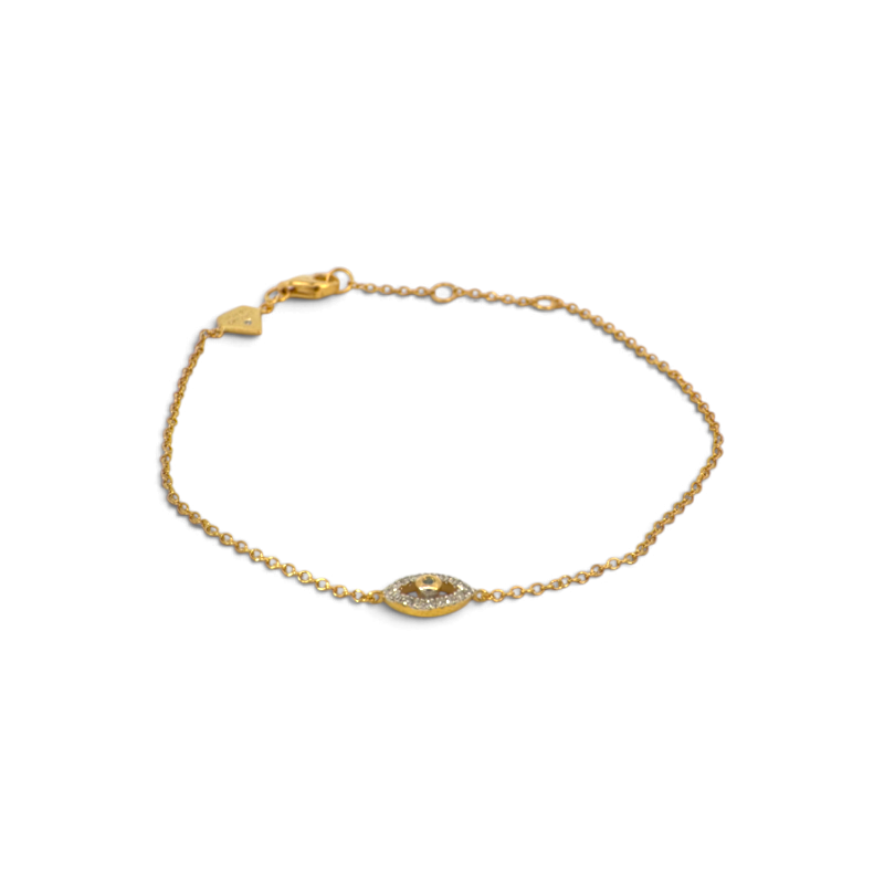 Pulsera Sophia Schneider Joyas de plata 925 enchapada en oro 18K con dije de ojo protector y diamantes brillantes.