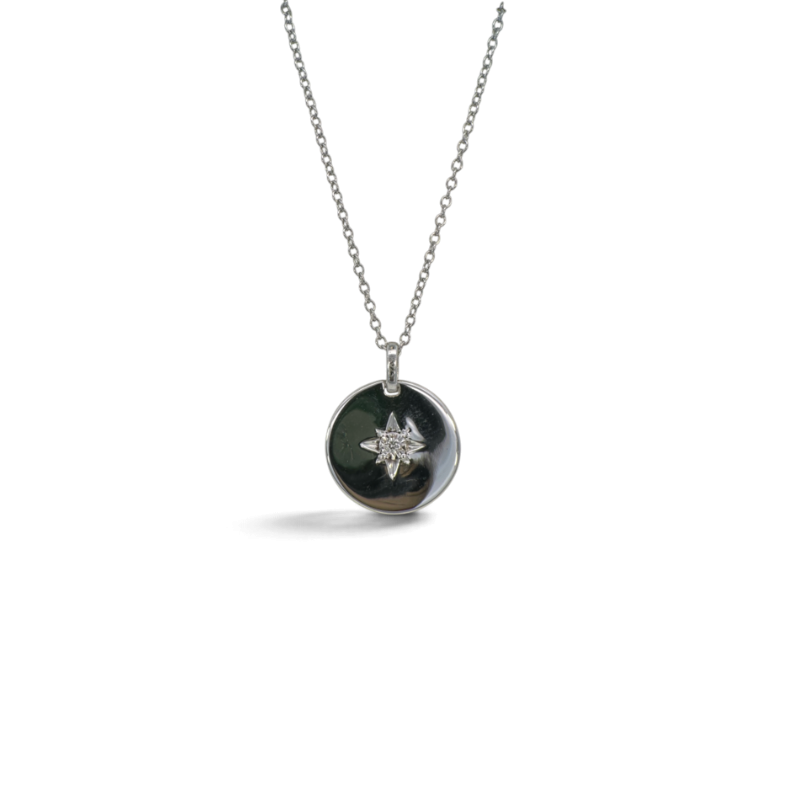 Collar Sophia Schneider Joyas de plata 925 con medalla redonda y diamante central en forma de estrella brillante