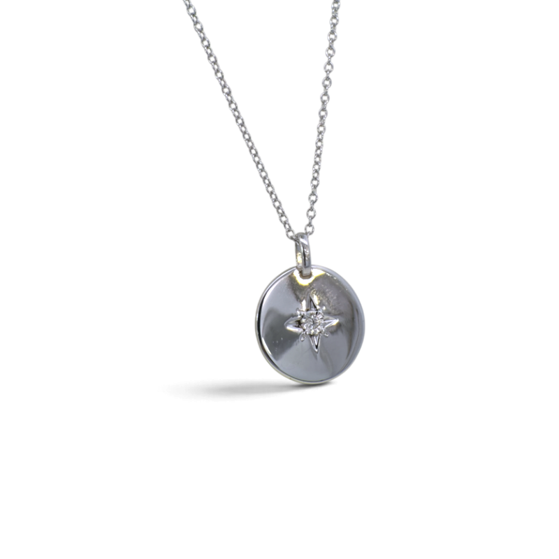 Collar Sophia Schneider Joyas de plata 925 con medalla redonda y diamante central de 0,024 ct en cadena de 42 cm