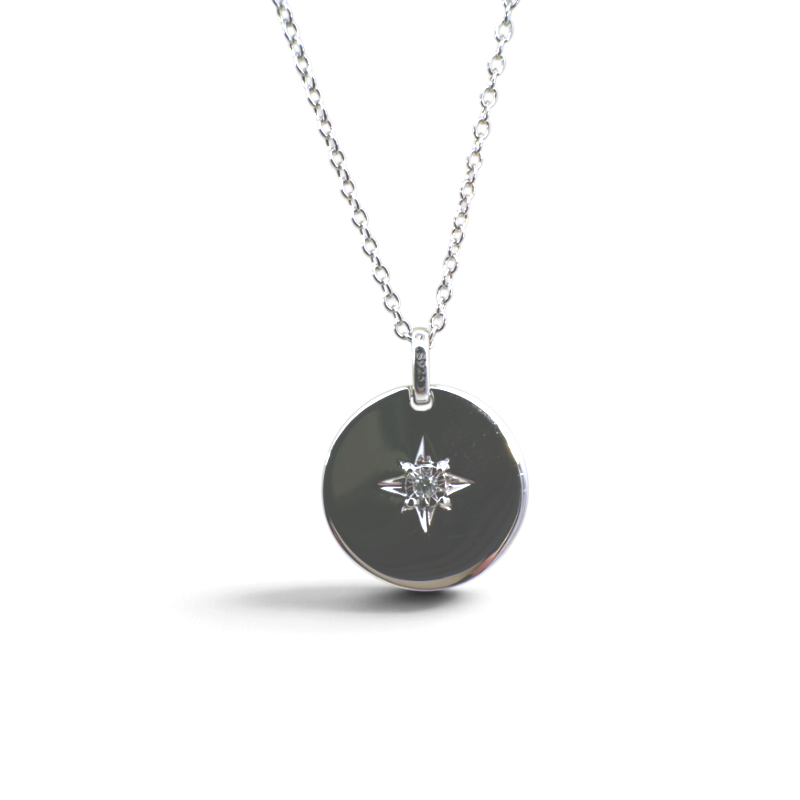 Collar Sophia Schneider Joyas de plata 925 con medalla redonda negra y diamante central en engaste de estrella