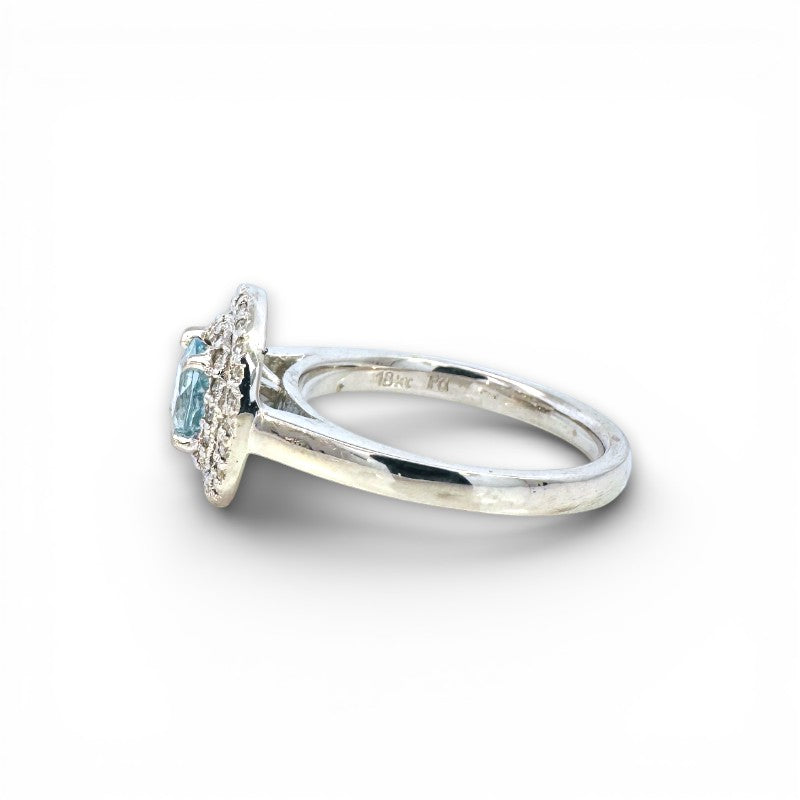 Anillo Solitario Aguamarina Doble Halo Diamantes Oro Blanco 18K
