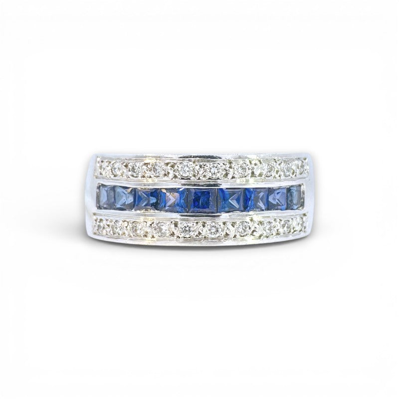 Anillo Cintillo Zafiros Princess y Diamantes Oro Blanco 18K