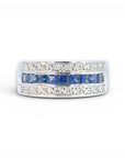 Anillo Cintillo Zafiros Princess y Diamantes Oro Blanco 18K