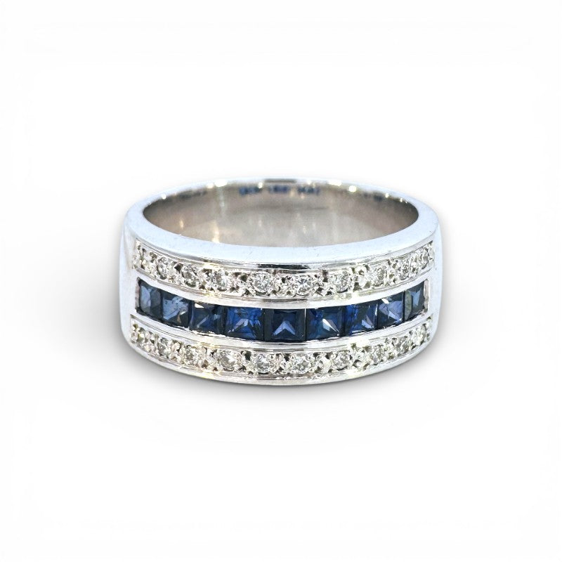 Anillo Cintillo Zafiros Princess y Diamantes Oro Blanco 18K