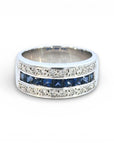 Anillo Cintillo Zafiros Princess y Diamantes Oro Blanco 18K