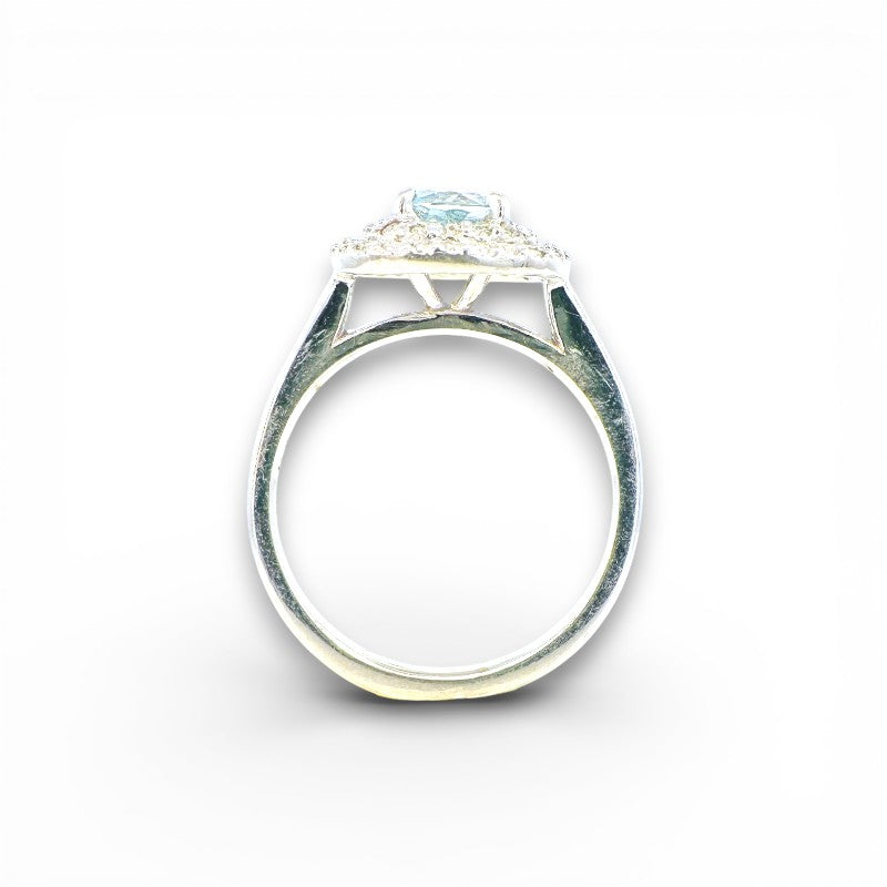 Anillo Solitario Aguamarina Doble Halo Diamantes Oro Blanco 18K
