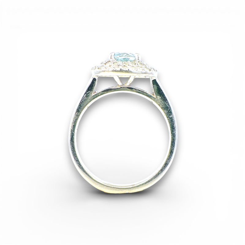 Anillo solitario aguamarina redonda doble halo diamantes oro blanco 18K