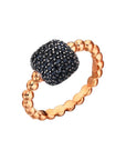 Anillo bolitas y circonitas negras plata baño oro rosado