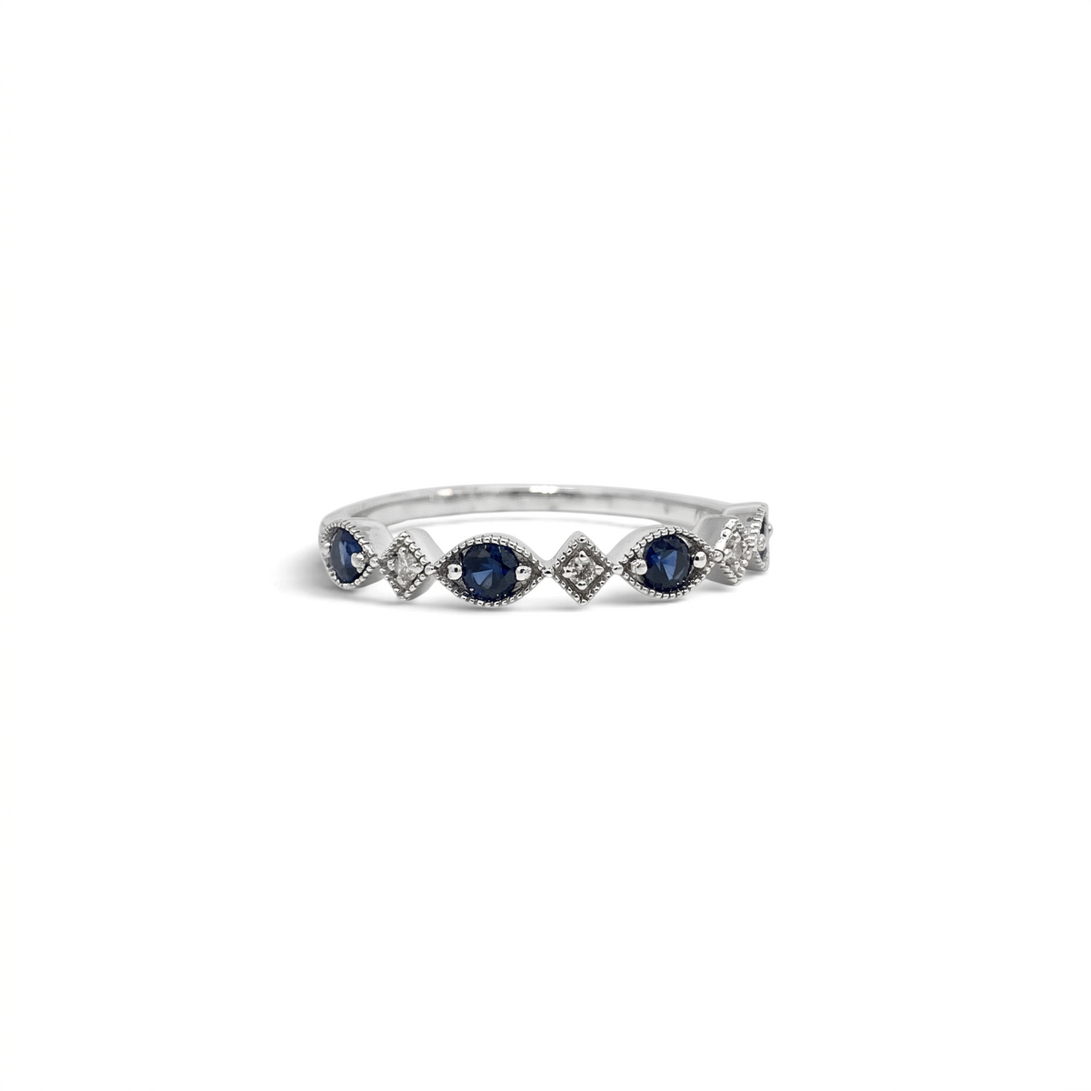 Anillo cintillo Sophia Schneider Joyas de plata 925 con zafiros azules y diamantes en corte brillante