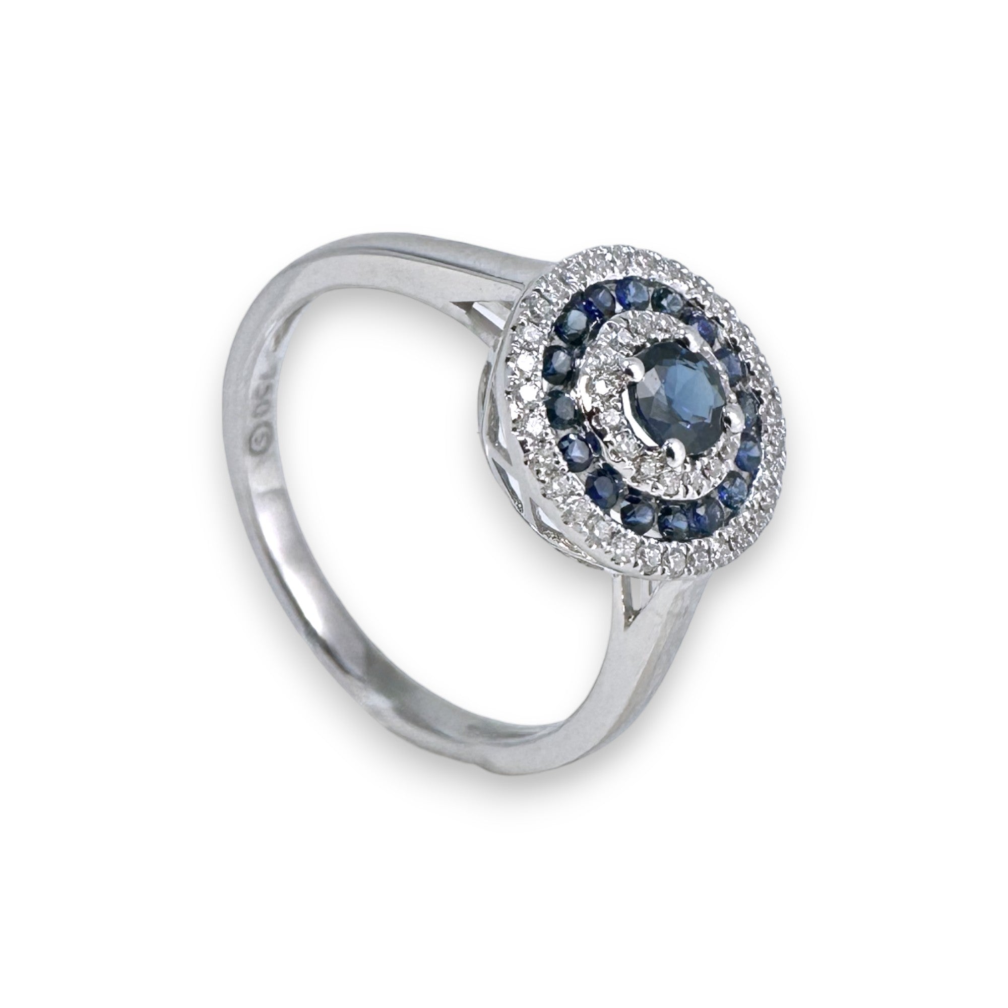 A pedido - Anillo Solitario Zafiro Halo triple de brillantes y zafiros en oro blanco 18K