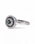A pedido - Anillo Solitario Zafiro Halo triple de brillantes y zafiros en oro blanco 18K