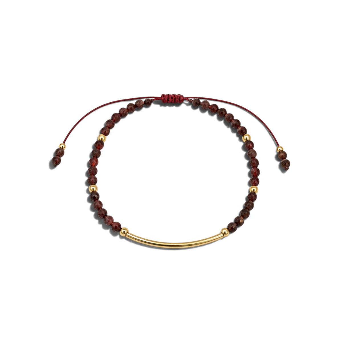 Pulsera ajustable ClaraJoyas con cuentas de granate rojo y barra central de goldfilled sobre fondo blanco