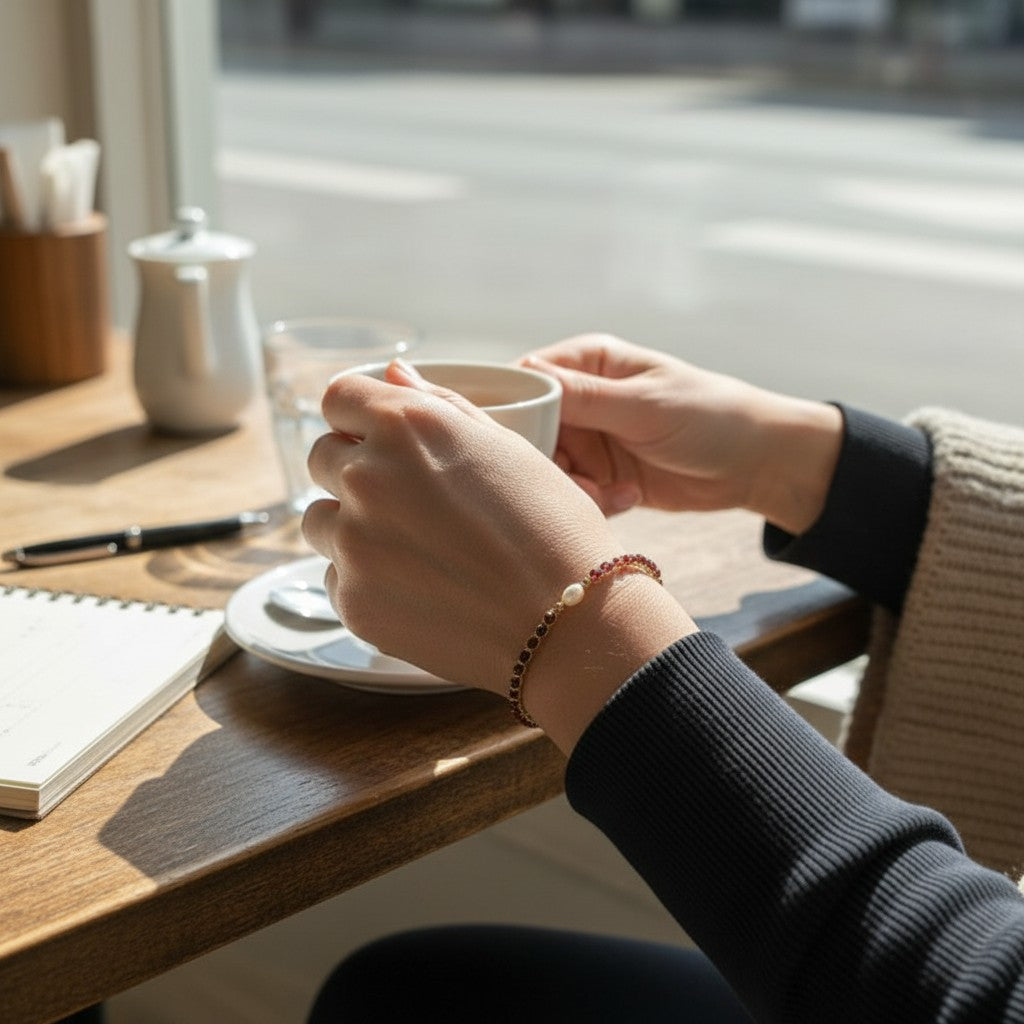 Pulsera ClaraJoyas de hilo dorado con perla central y piedras granates ajustada en la muñeca de una mujer en una mesa