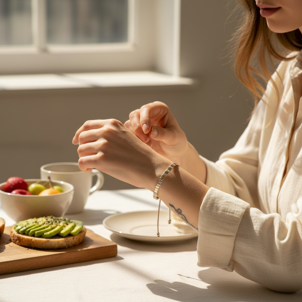 Pulsera de hilo ajustable ClaraJoyas con mostacillas planas de plata y baño de oro en la muñeca de una mujer