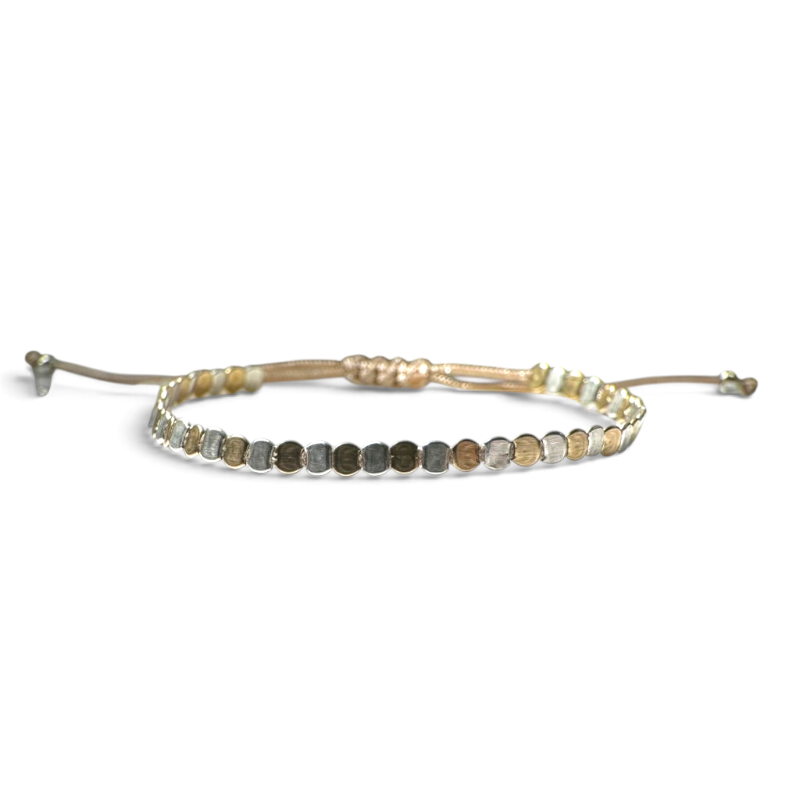 Pulsera de hilo ajustable ClaraJoyas con mostacillas planas alternadas en plata y plata con baño de oro