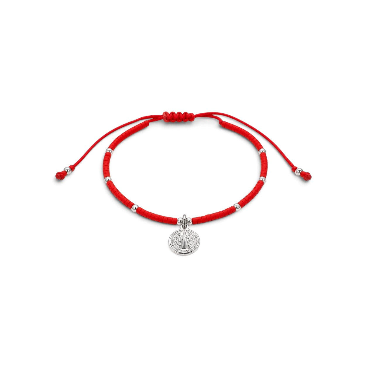 Pulsera ajustable ClaraJoyas de cuentas Miyuki rojas y detalles en plata con medalla de San Benito