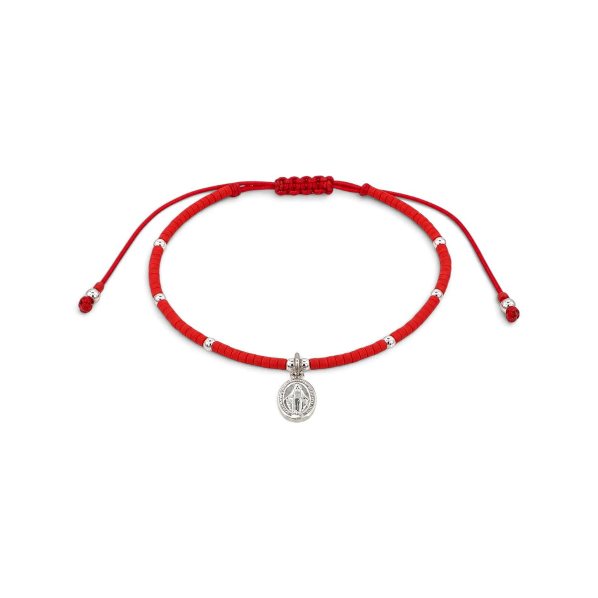 Pulsera ClaraJoyas de cuentas Miyuki rojas y detalles en plata con medalla de la Virgen de los Rayos ajustable