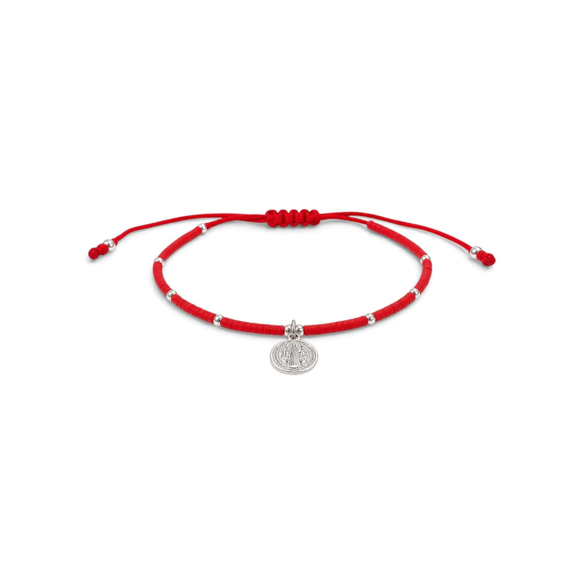 Pulsera ajustable ClaraJoyas de cuentas Miyuki rojas y detalles plateados con medalla de San Benito