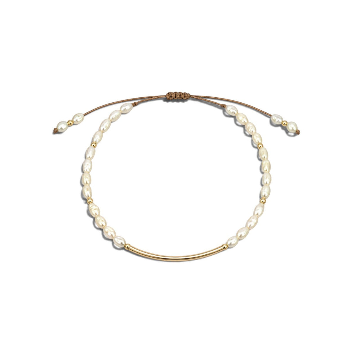 Pulsera ajustable ClaraJoyas con perlas naturales y barra central de goldfilled sobre cordón marrón