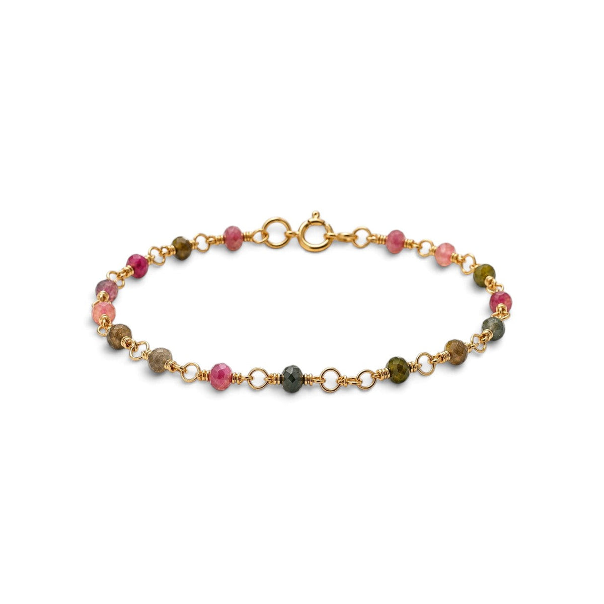Pulsera ClaraJoyas de 17 cm con cuentas de turmalina multicolor de 2 mm y cadena de eslabones dorados ajustable