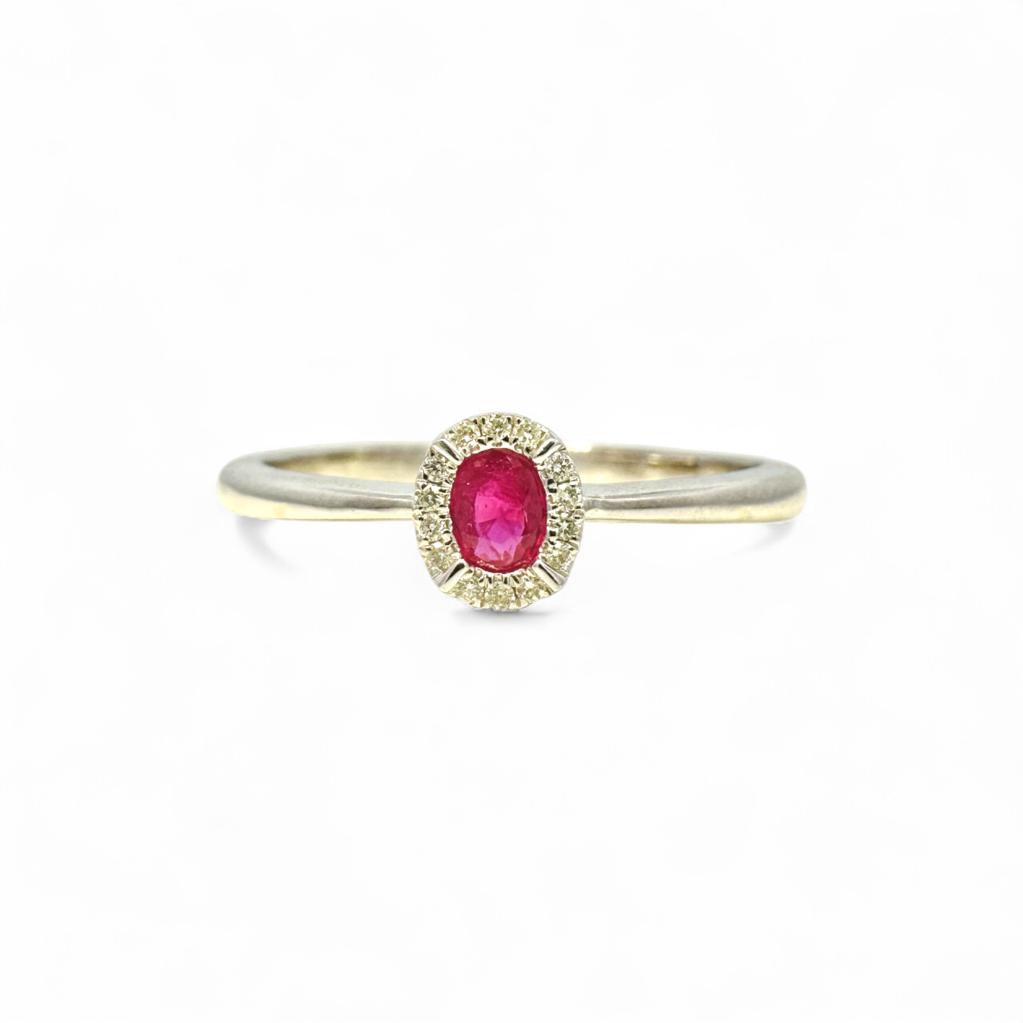 Anillo Solitario Rubí Oval Halo brillantes oro 18K