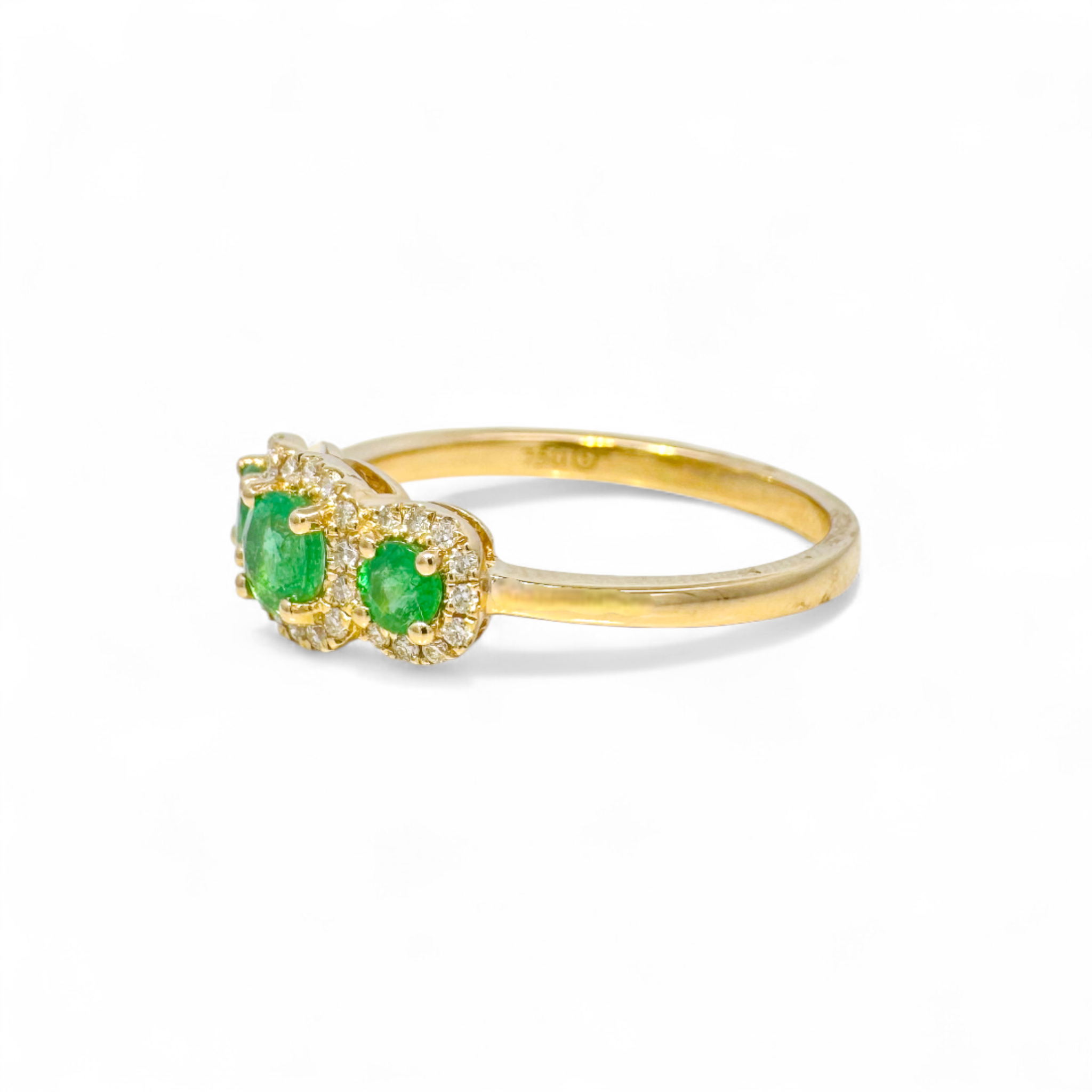 Anillo tricillo esmeraldas halo brillantes oro amarillo 18k