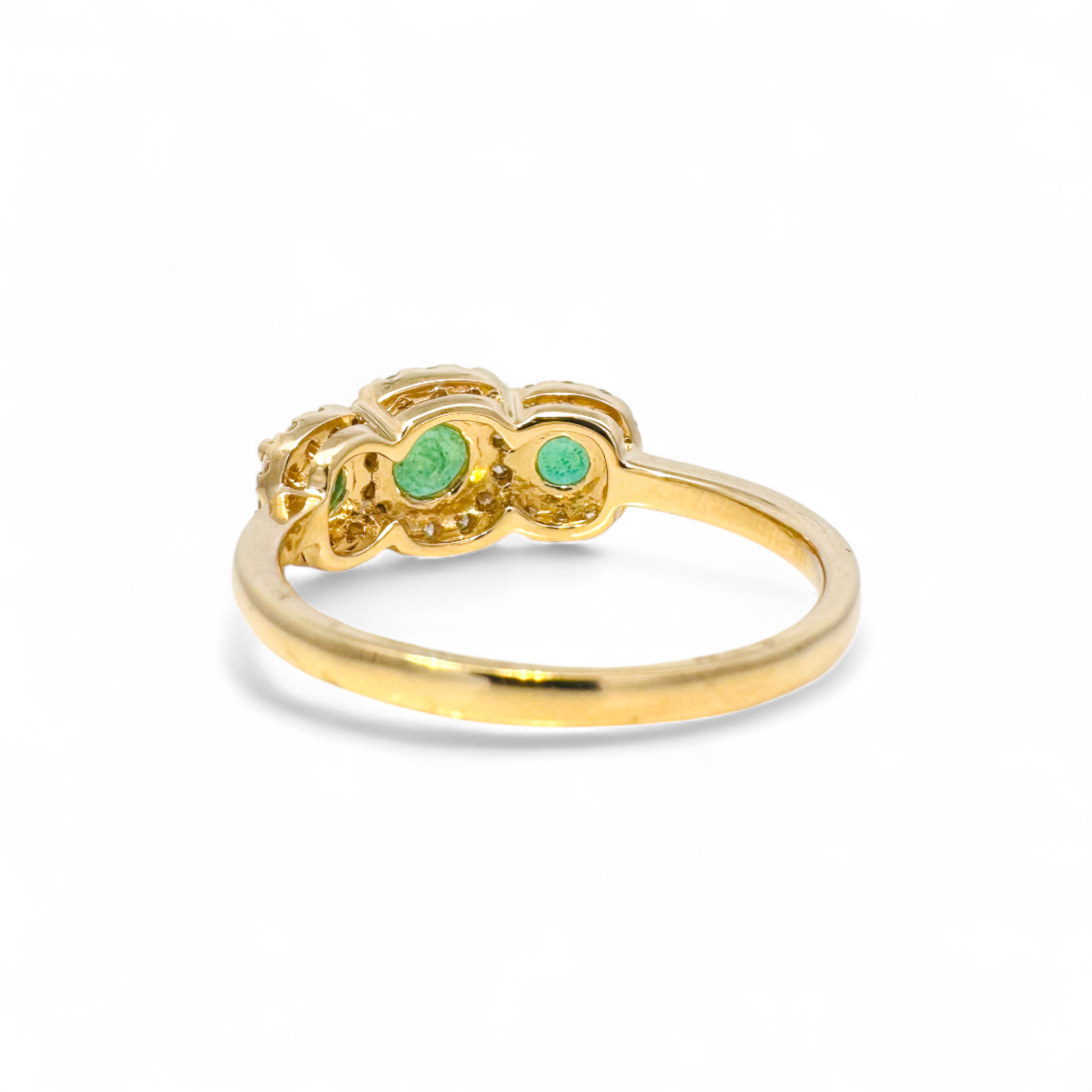 Anillo tricillo esmeraldas halo brillantes oro amarillo 18k