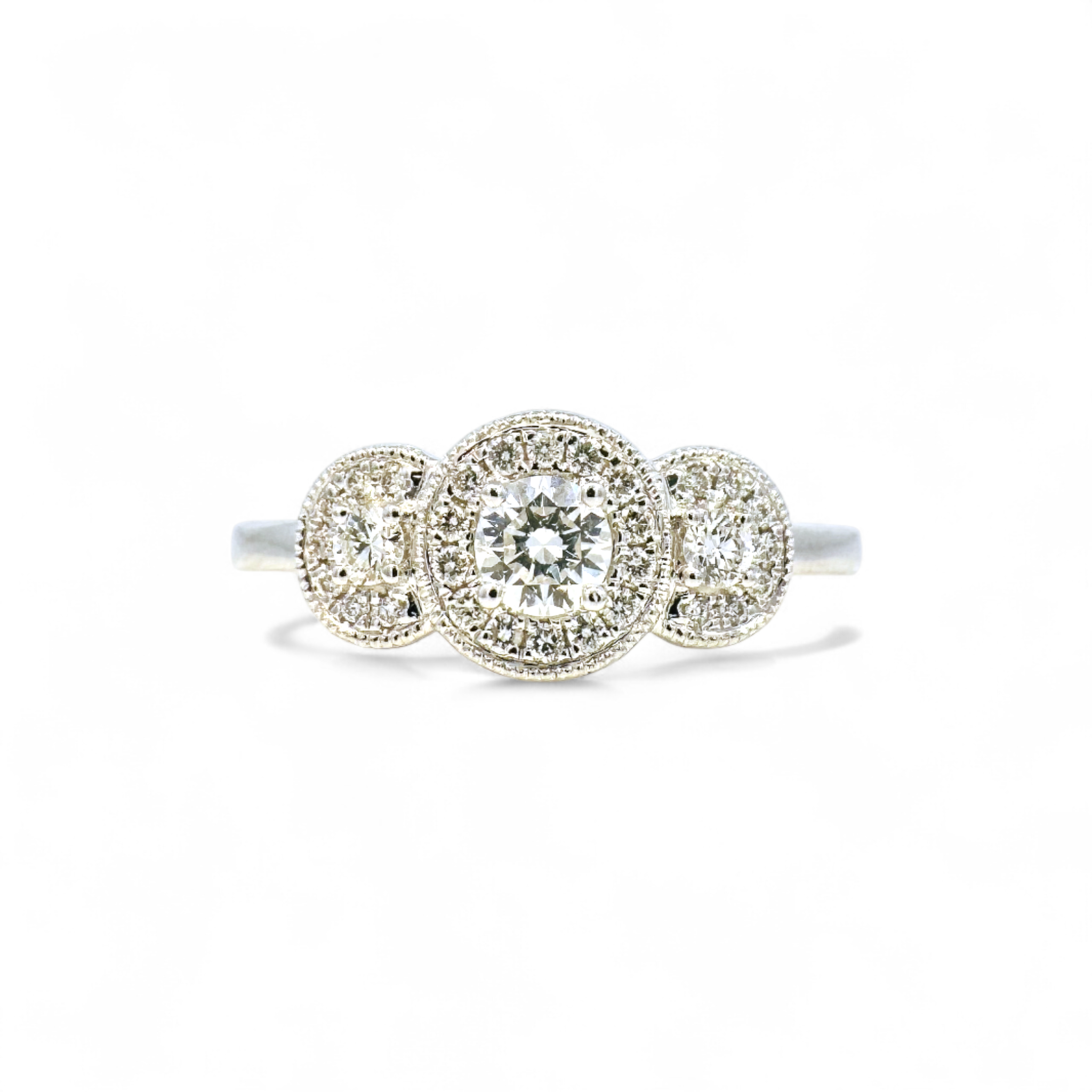 Anillo Tricillo Diamantes Halo Oro blanco 18k