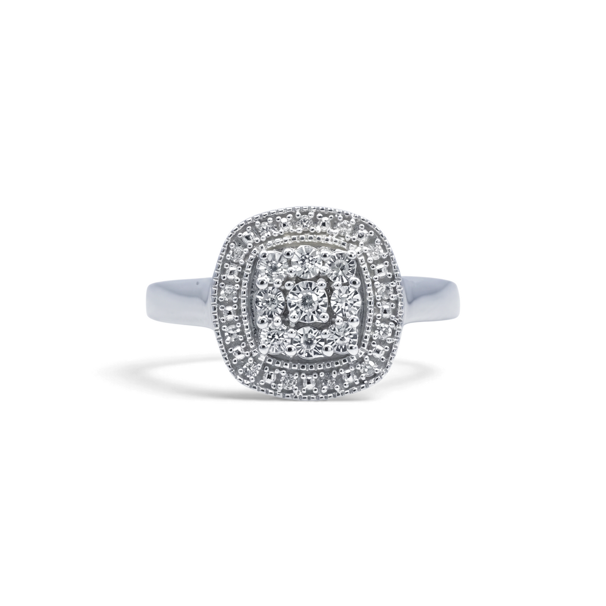 Anillo solitario halo cuadrado de Sophia Schneider Joyas en plata 925 con diamantes de 0,10 ct corte brillante