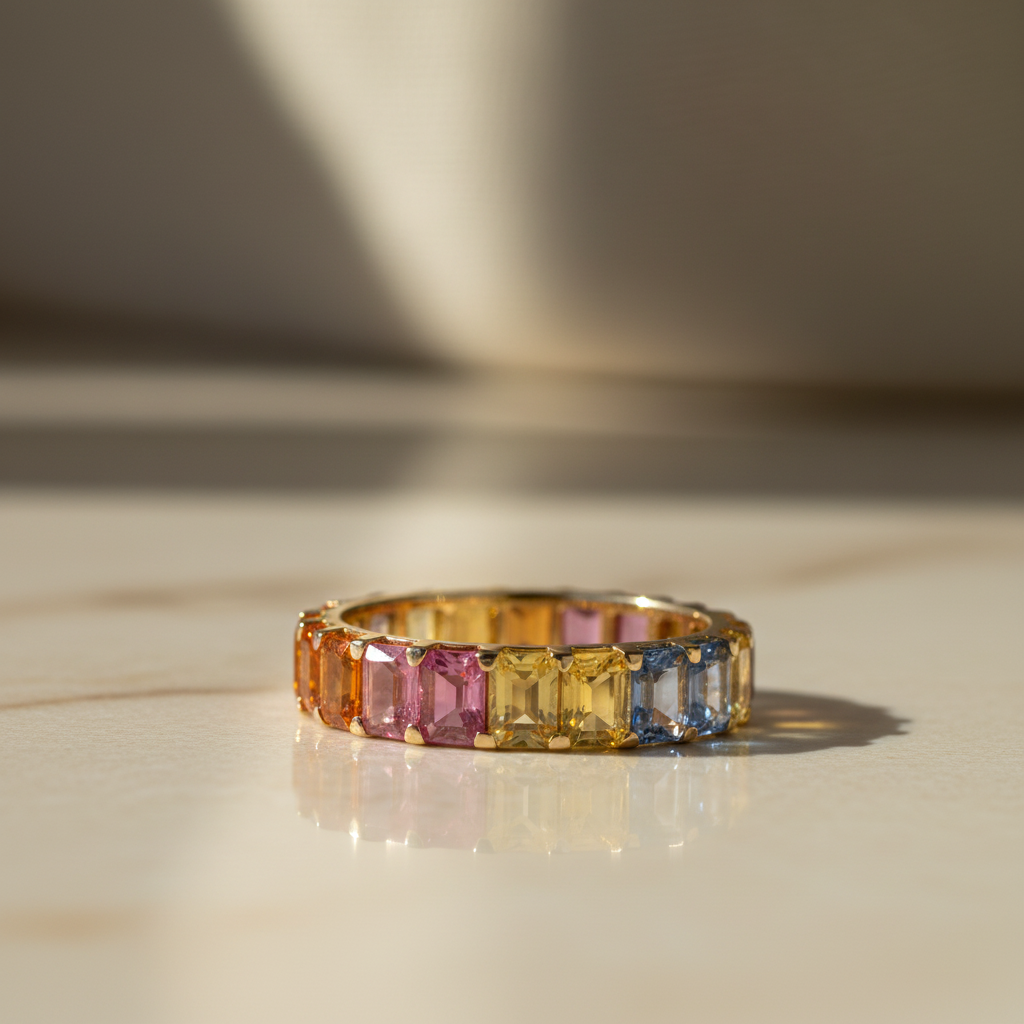 Anillo sinfin Zafiros rainbow baguette oro 18K
