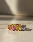 Anillo sinfin Zafiros rainbow baguette oro 18K