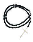 Collar de Cuentas Negras con Cruz en Acero