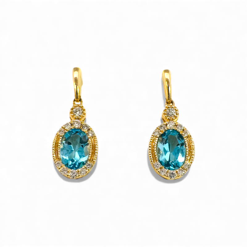 Aros colgantes topacio azul oval con brillantes oro 14K