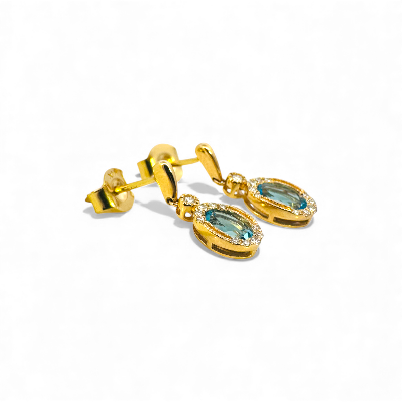 Aros colgantes topacio azul oval con brillantes oro 14K