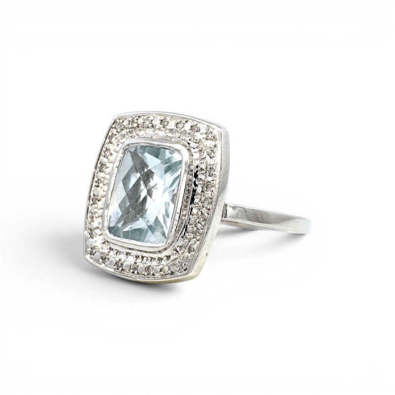 Anillo Solitario Topacio Rectangular Bisel Halo Brillantes Platino