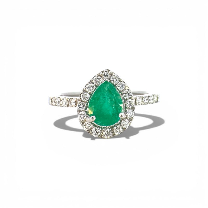 Anillo Solitario Esmeralda Gota Halo de Brillantes