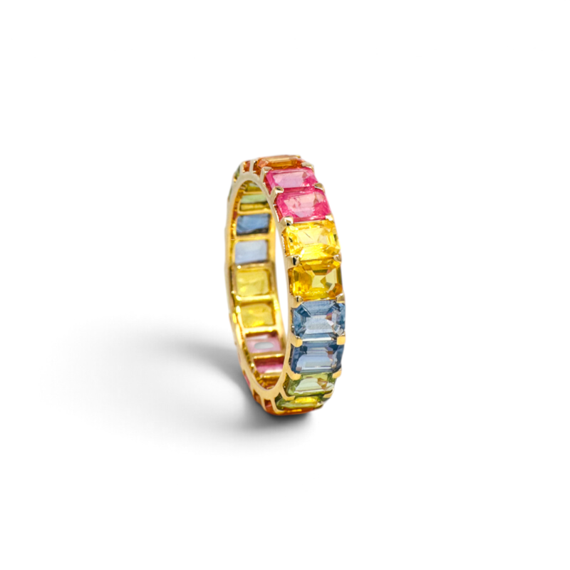 Anillo sinfin Sophia Schneider Joyas de oro 18K con zafiros multicolores en talla baguette estilo arcoíris