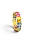 Anillo sinfin Sophia Schneider Joyas de oro 18K con zafiros multicolores en talla baguette estilo arcoíris