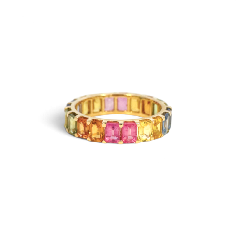 Anillo sinfin Sophia Schneider Joyas de oro 18K con zafiros multicolores en talla baguette estilo rainbow