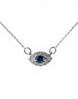 Sophia Schneider Joyas 14K gold necklace with sapphire and 0.19 ct diamonds, evil eye design.