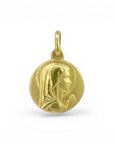Sophia Schneider Joyas 18K yellow gold round pendant with praying Virgin Mary engraving, 12mm.