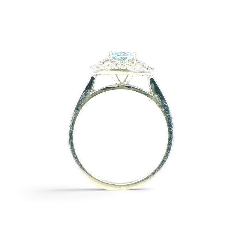 Anillo solitario Sophia Schneider Joyas en oro blanco 18K con aguamarina redonda y doble halo de diamantes